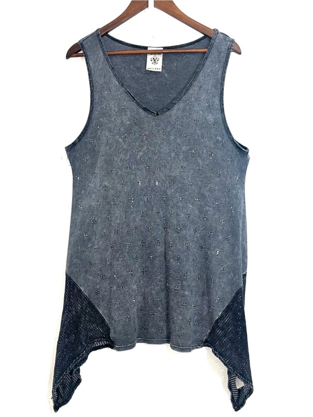 Vocal USA Gray Rhinestone Embellished Sharkbite Hem Tank Top 2XL